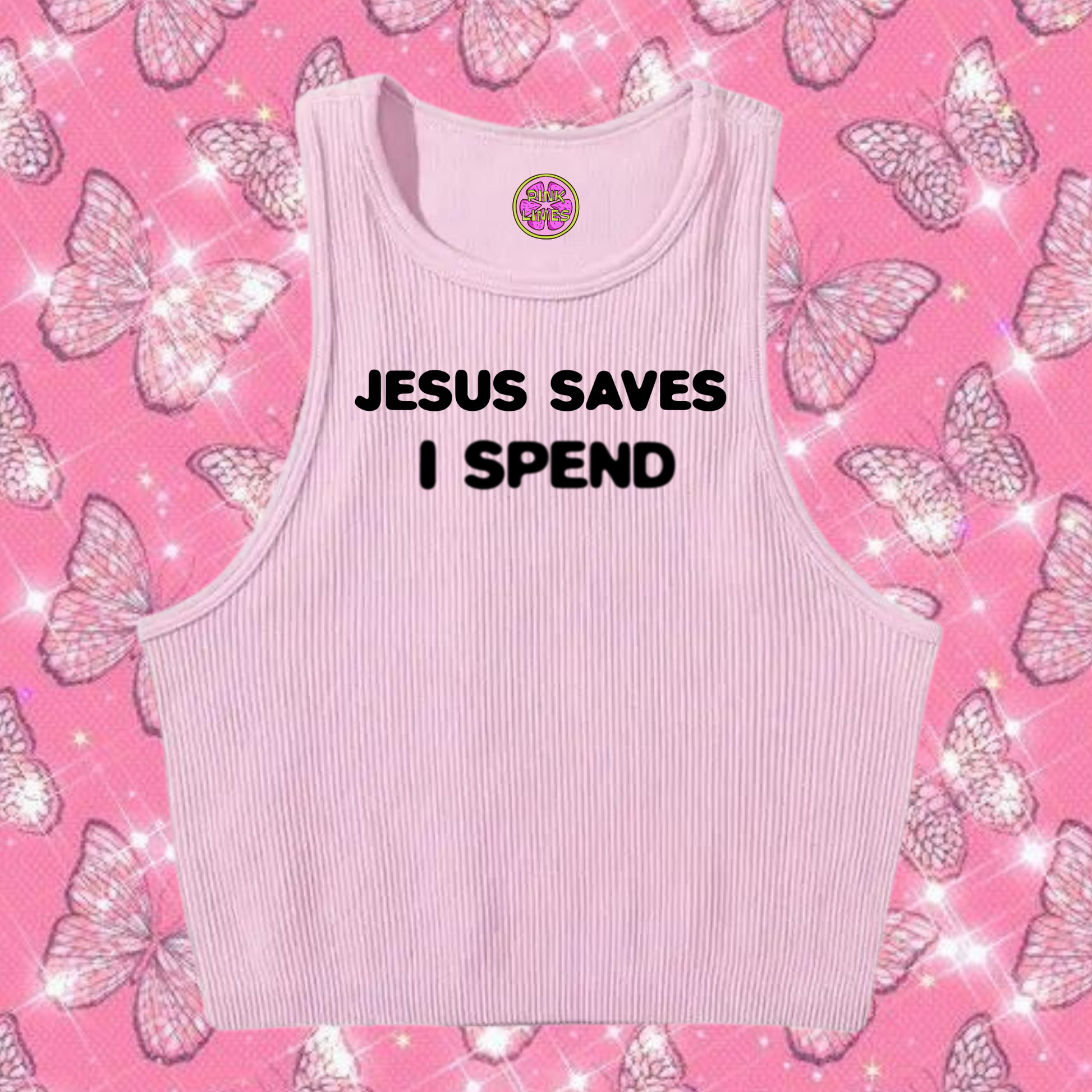 Jesus Saves I Spend Crop Tank Top Light Purple Shirts & Tops PinkLimes Trending Streetwear
