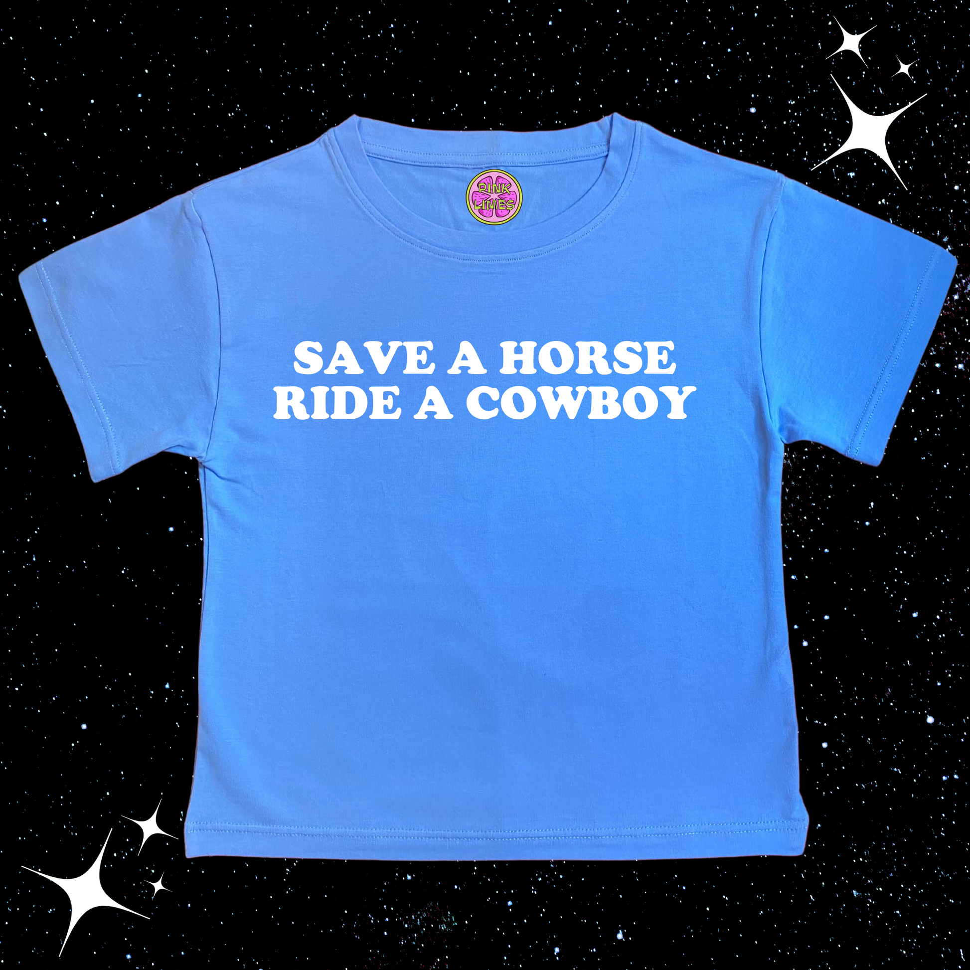 Save A Horse Ride A Cowboy Crop Tee Lake Blue Shirts & Tops PinkLimes Trending Streetwear