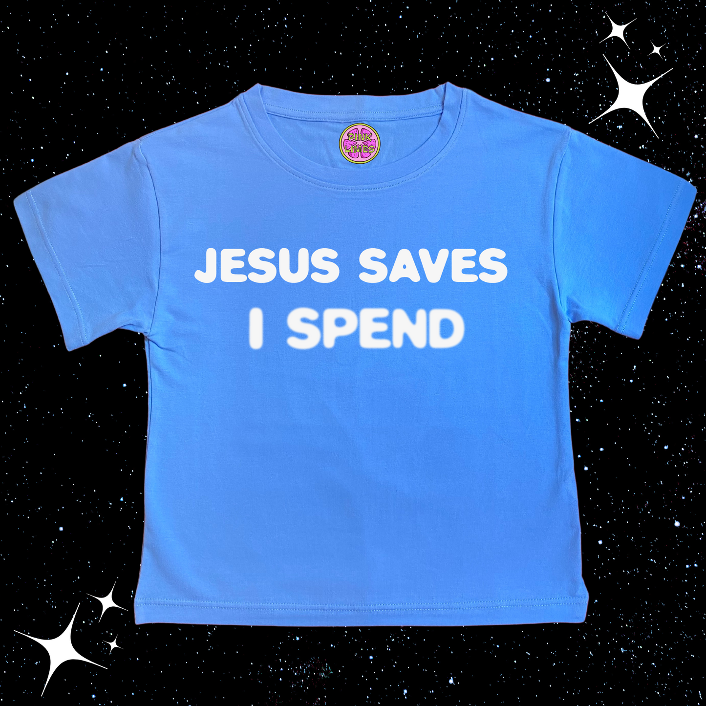 Jesus Saves I Spend Crop Tee Lake Blue Shirts & Tops PinkLimes Trending Streetwear
