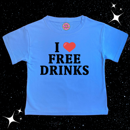 I love Free Drinks Crop Tee Blue Shirts & Tops PinkLimes Trending Streetwear