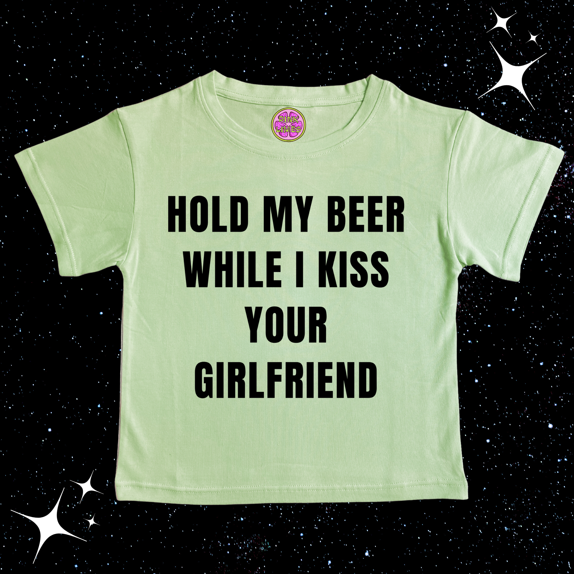 Hold My Beer While I Kiss Your Girlfriend Crop Tee Light Green Shirts & Tops PinkLimes Trending Streetwear