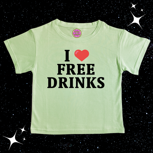 I love Free Drinks Crop Tee Light Green Shirts & Tops PinkLimes Trending Streetwear