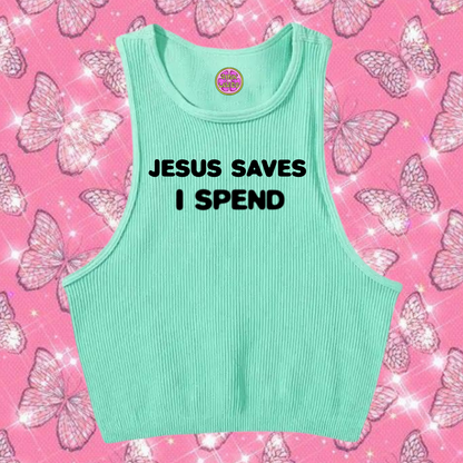 Jesus Saves I Spend Crop Tank Top Mint Green Shirts & Tops PinkLimes Trending Streetwear