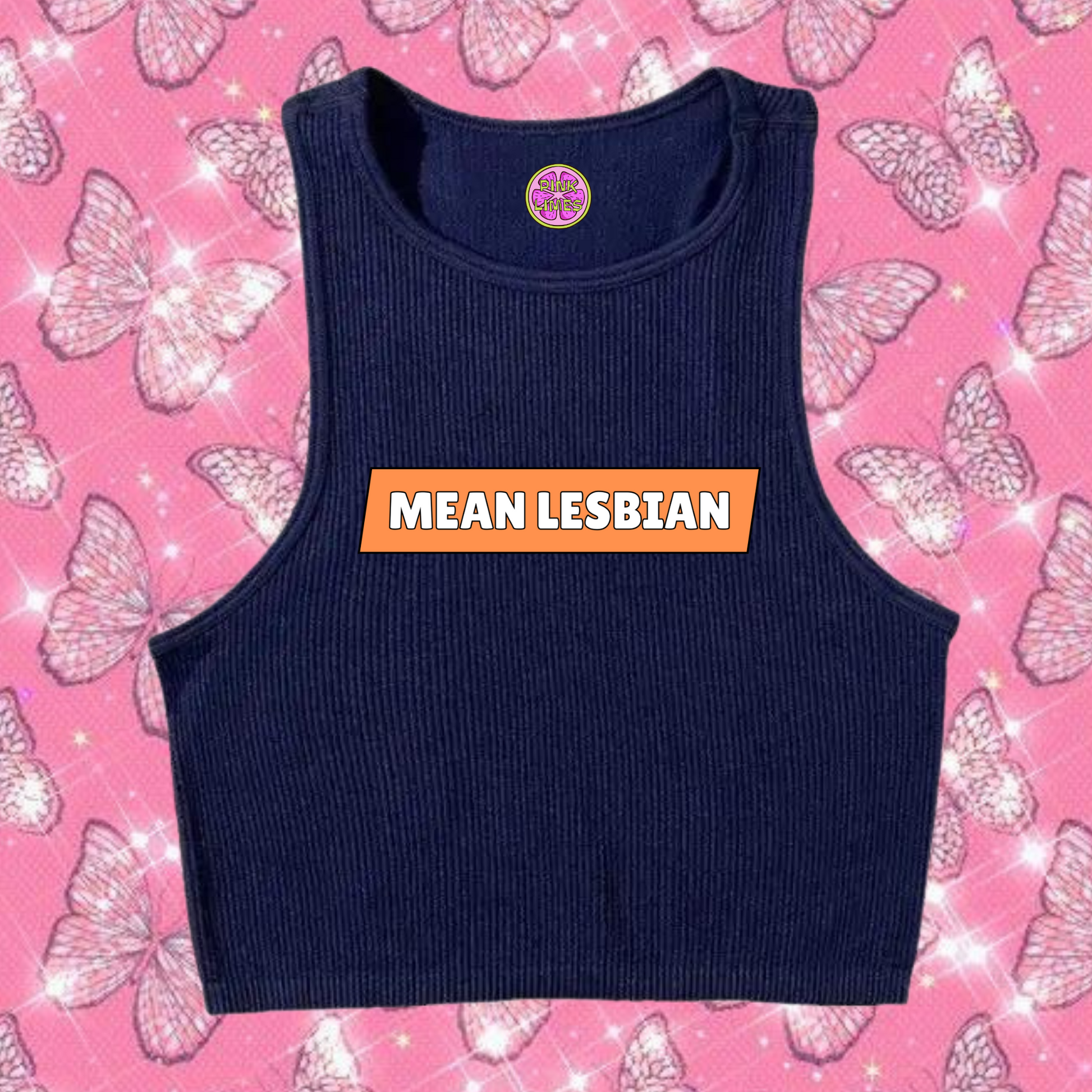Mean Lesbian Crop Tank Top Navy Blue Shirts & Tops PinkLimes Trending Streetwear
