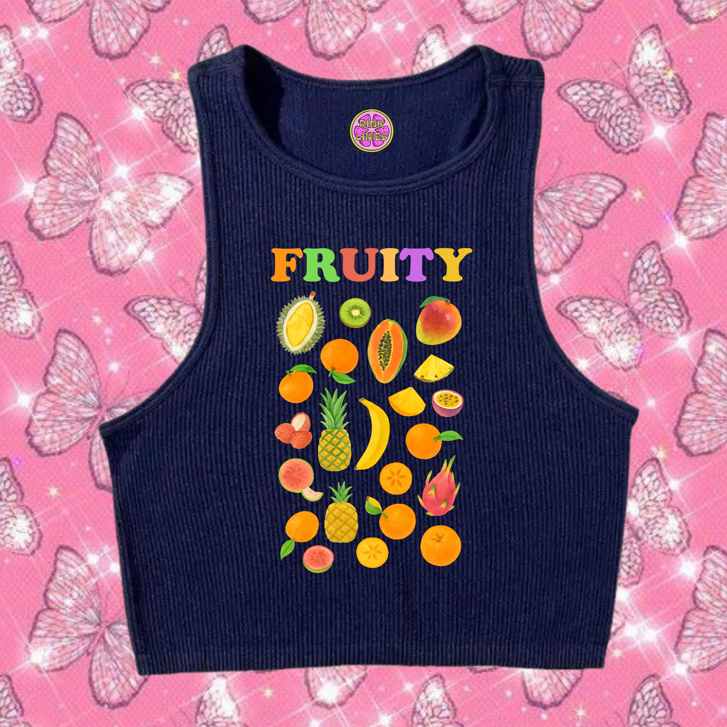Fruity Crop Tank Top Navy Blue Shirts & Tops PinkLimes Trending Streetwear