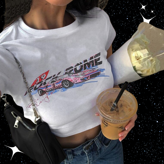 Race Car Print Crop Tee Shirts & Tops PinkLimes Trending Streetwear
