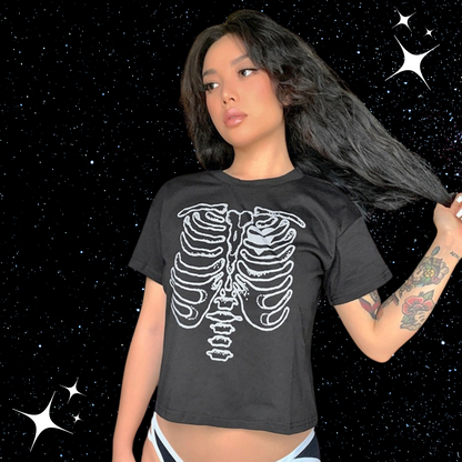 Skeleton Print Crop Tee Black Shirts & Tops PinkLimes Trending Streetwear