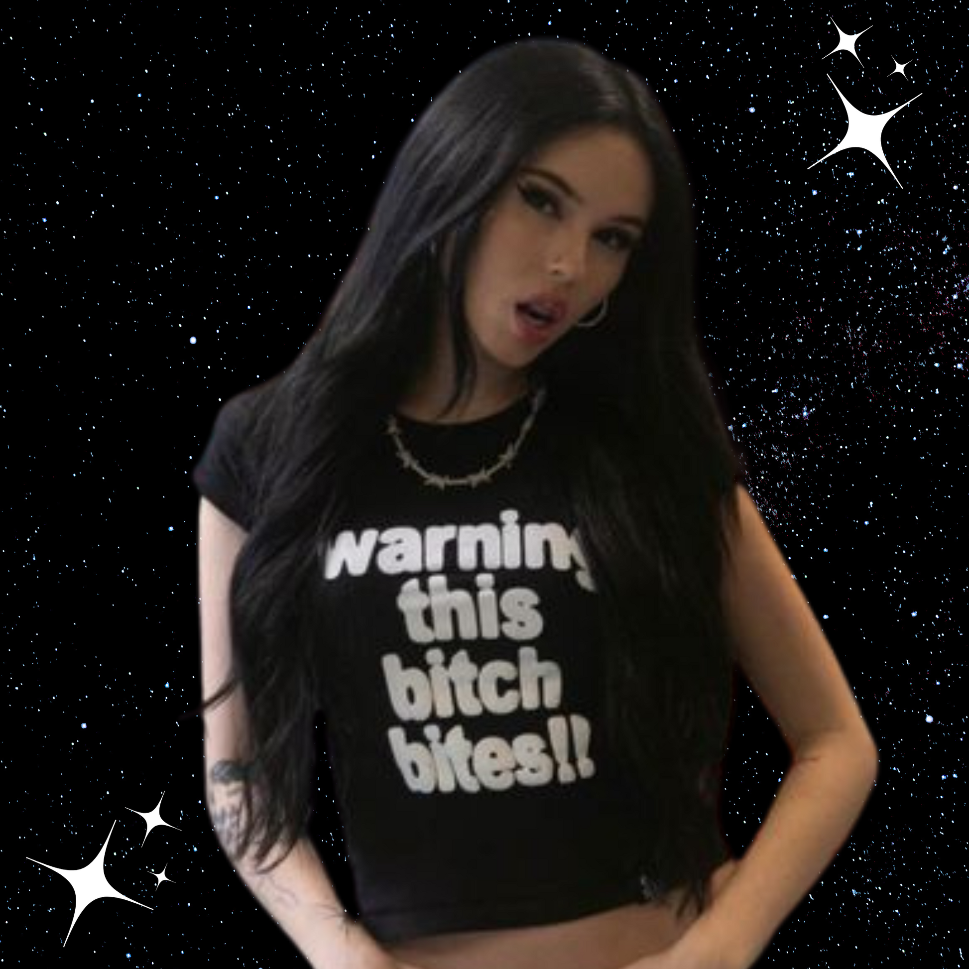 Warning This B*tch Bites Black Crop Tee Shirts & Tops PinkLimes Trending Streetwear