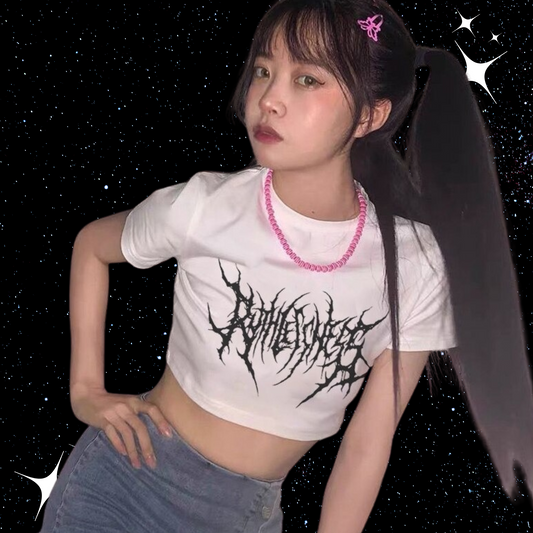 Gothic Print Crop Tee White Shirts & Tops PinkLimes Trending Streetwear