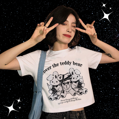 Cover The Teddy Bear Crop Tee White Shirts & Tops PinkLimes Trending Streetwear