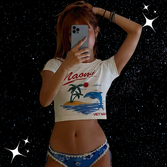 Beach Illustration Crop Tee Shirts & Tops PinkLimes Trending Streetwear