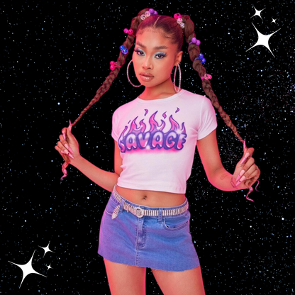 Savage Graffiti Print Crop Tee Shirts & Tops PinkLimes Trending Streetwear