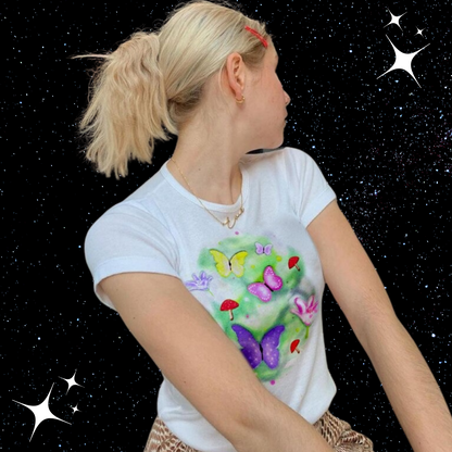 Butterfly Mushroom Print Crop Tee Shirts & Tops PinkLimes Trending Streetwear