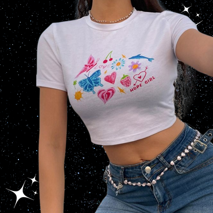 y2k Print White Crop Tee Shirts & Tops PinkLimes Trending Streetwear