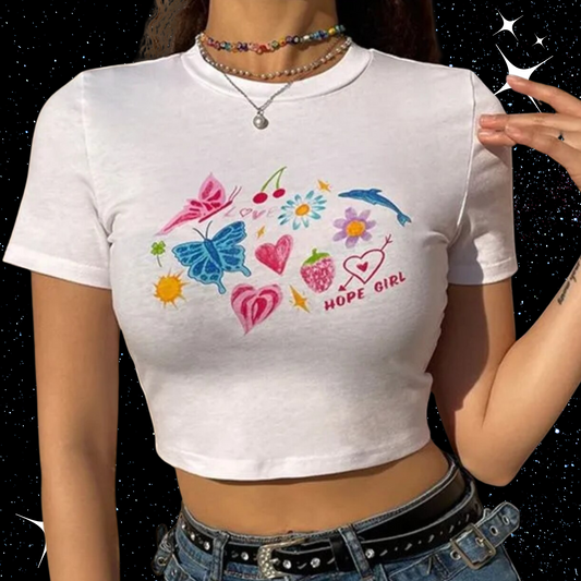 y2k Print White Crop Tee Shirts & Tops PinkLimes Trending Streetwear