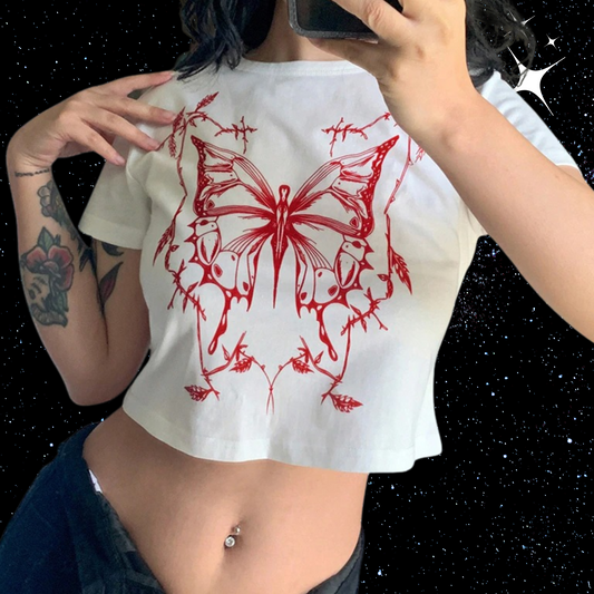 Butterfly Print Crop Tee Shirts & Tops PinkLimes Trending Streetwear