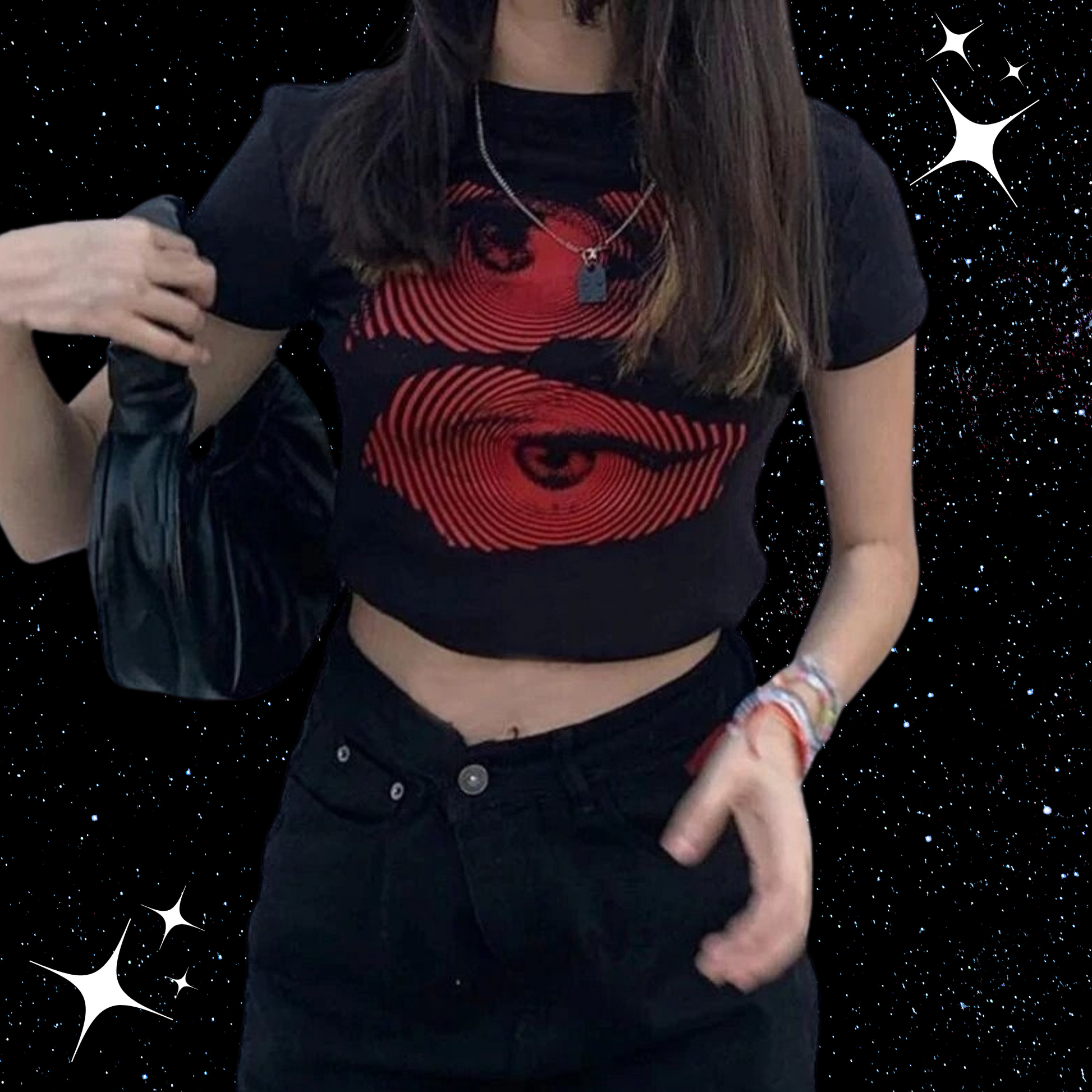 Eye Print Black Crop Tee Shirts & Tops PinkLimes Trending Streetwear