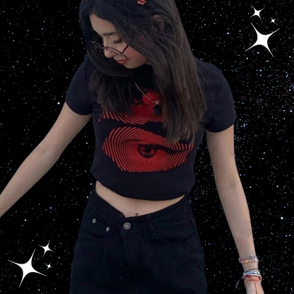 Eye Print Black Crop Tee Shirts & Tops PinkLimes Trending Streetwear