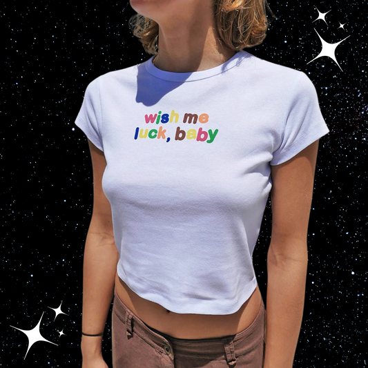 Wish Me Luck White Crop Tee Shirts & Tops PinkLimes Trending Streetwear