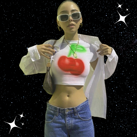 Cherry Print White Crop Tee Shirts & Tops PinkLimes Trending Streetwear