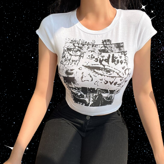 Korean Print Crop Tee Shirts & Tops PinkLimes Trending Streetwear