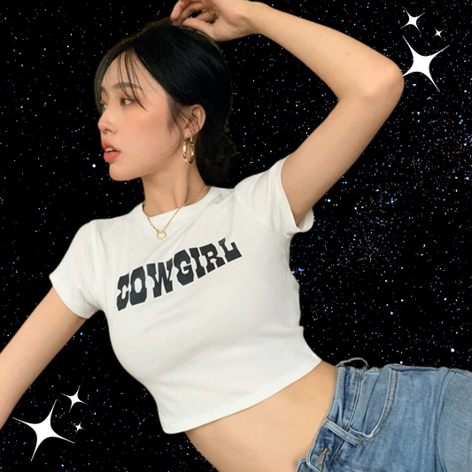 Cowgirl Slogan Crop Tee White Shirts & Tops PinkLimes Trending Streetwear