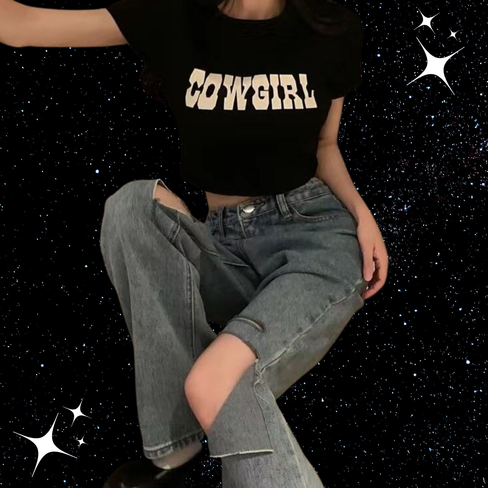 Cowgirl Slogan Crop Tee Black Shirts & Tops PinkLimes Trending Streetwear