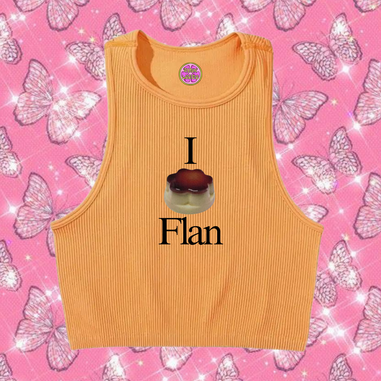 I Love Flan Crop Tank Top Orange Shirts & Tops PinkLimes Trending Streetwear
