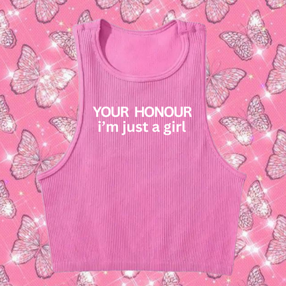 Your Honour I'm Just A Girl Crop Tank Top Pink Shirts & Tops PinkLimes Trending Streetwear