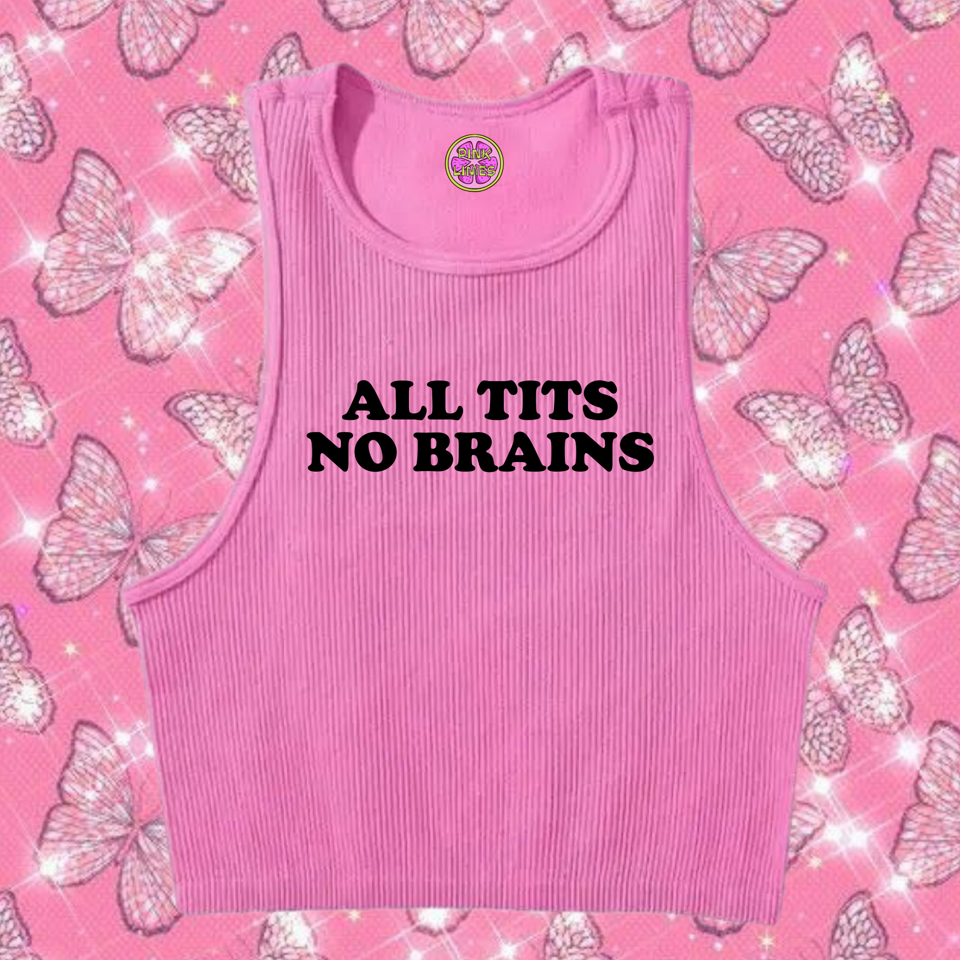 All Tits No Brains Crop Tank Top Pink Shirts & Tops PinkLimes Trending Streetwear