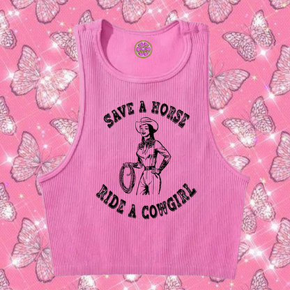 Save A Horse Ride A Cowgirl Crop Tank Top Pink Shirts & Tops PinkLimes Trending Streetwear