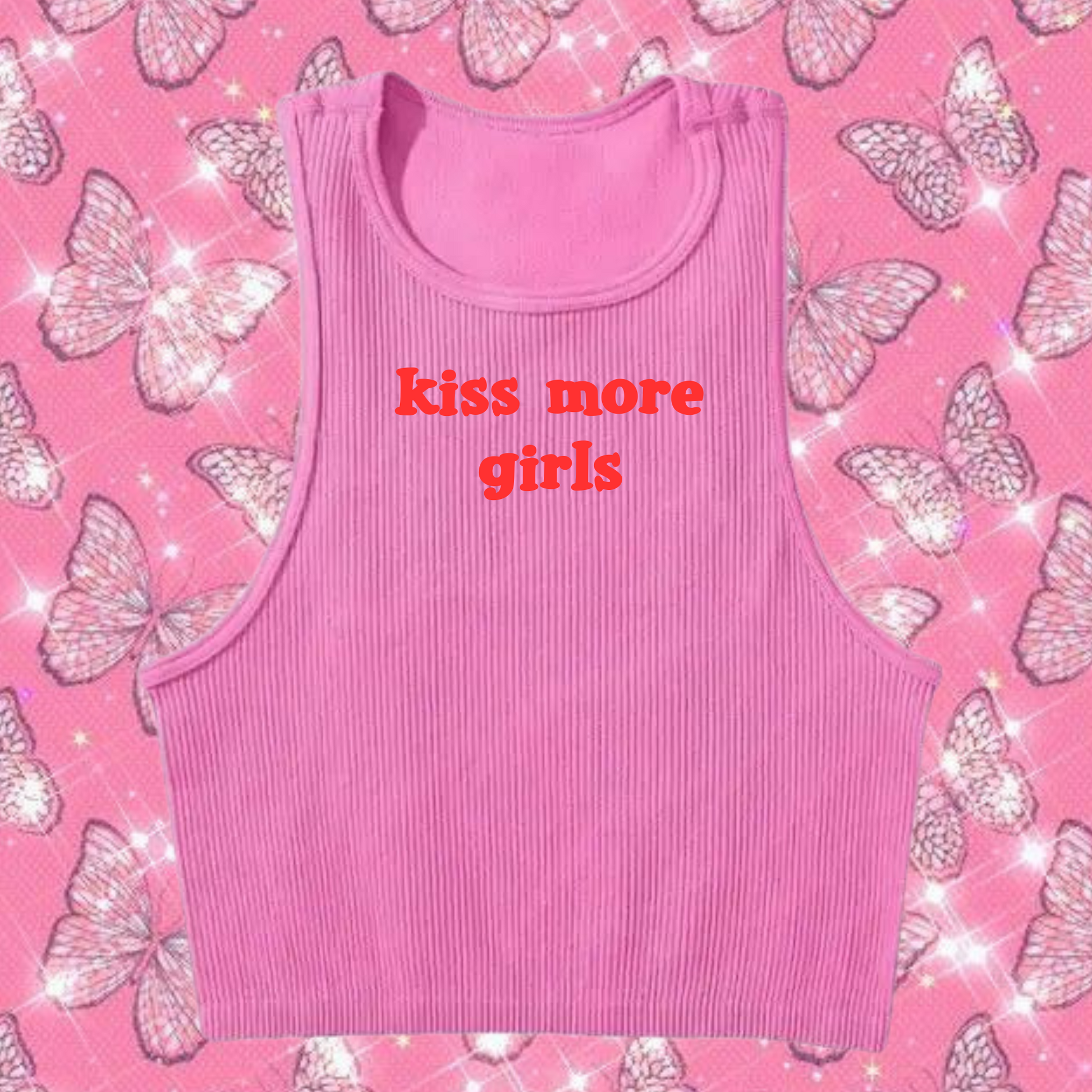 Kiss More Girls Crop Tank Top Pink Shirts & Tops PinkLimes Trending Streetwear