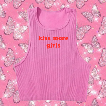 Kiss More Girls Crop Tank Top Pink Shirts & Tops PinkLimes Trending Streetwear