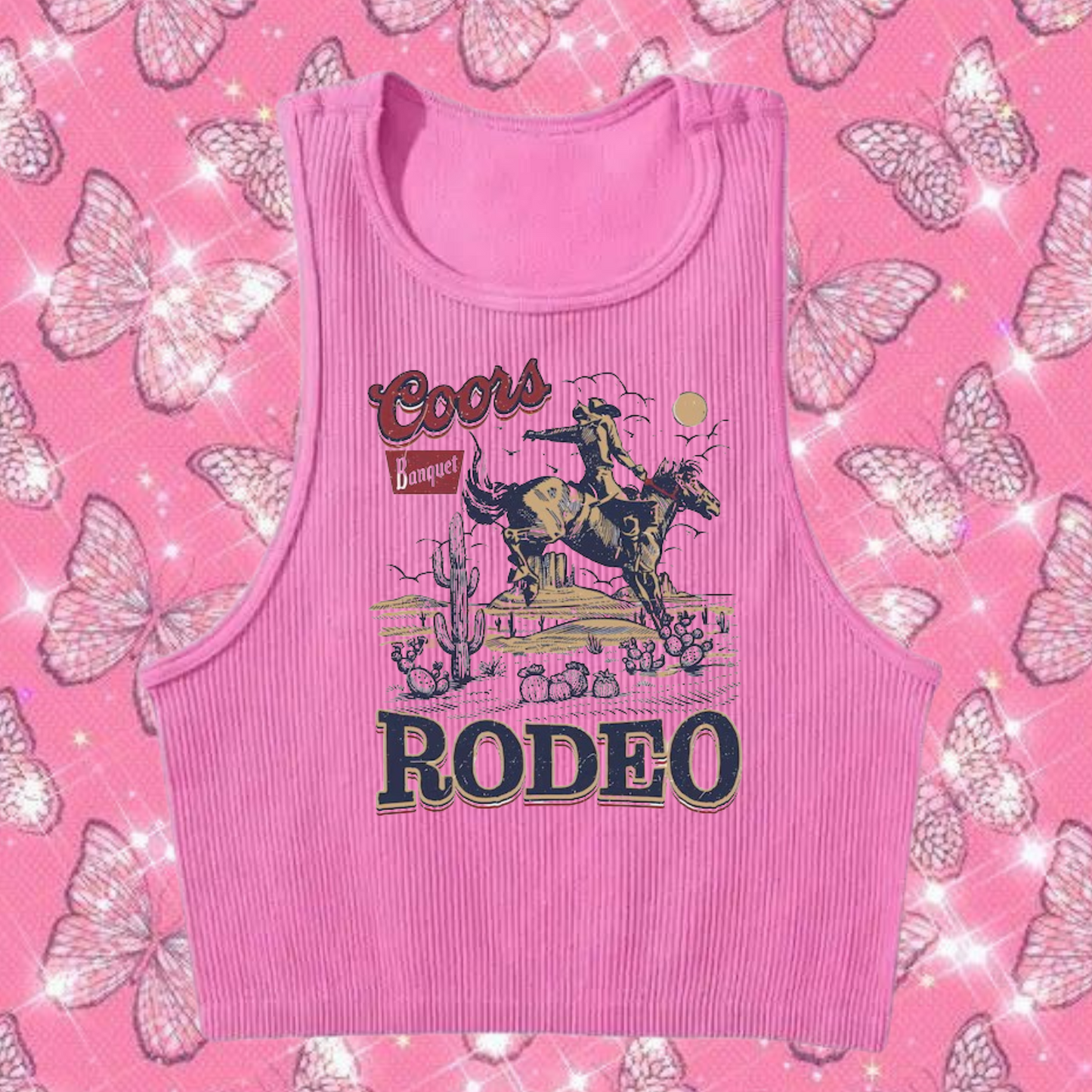 Coors Rodeo Western Crop Tank Top Pink Shirts & Tops PinkLimes Trending Streetwear