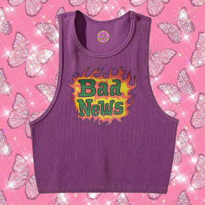 Bad News Crop Tank Top Purple Shirts & Tops PinkLimes Trending Streetwear
