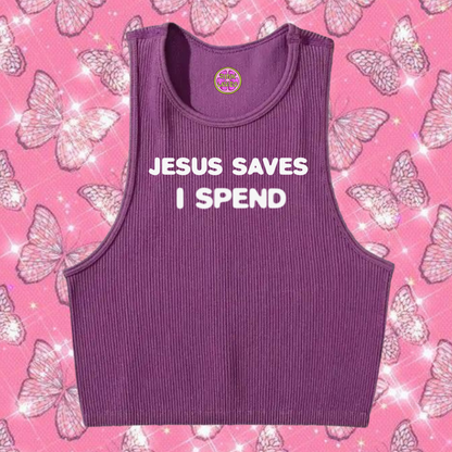 Jesus Saves I Spend Crop Tank Top Purple Shirts & Tops PinkLimes Trending Streetwear