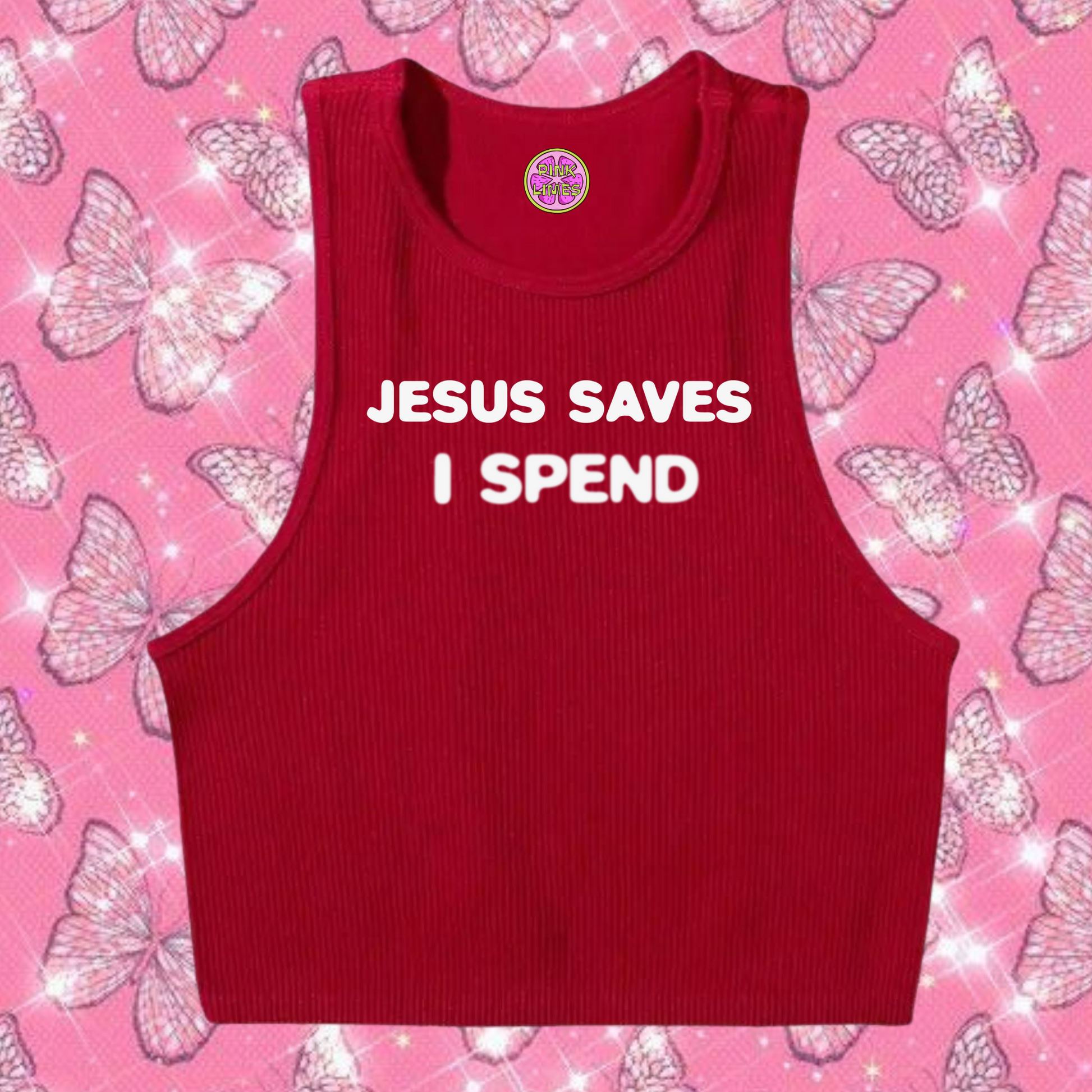 Jesus Saves I Spend Crop Tank Top Red Shirts & Tops PinkLimes Trending Streetwear