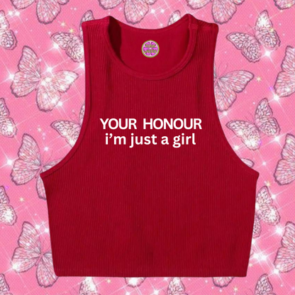Your Honour I'm Just A Girl Crop Tank Top Red Shirts & Tops PinkLimes Trending Streetwear