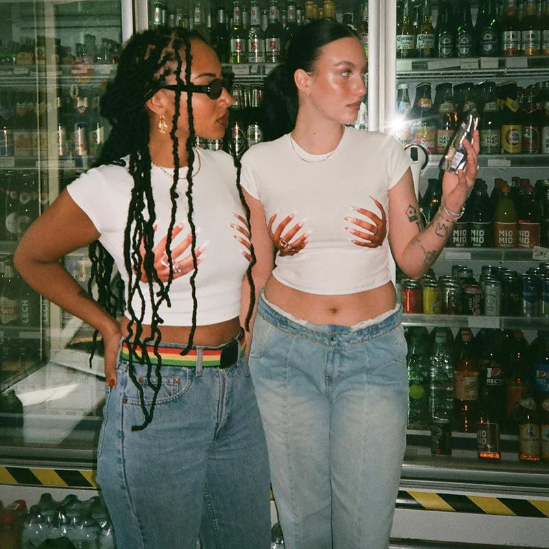 Hands Print White Crop Tee PinkLimes Trending Streetwear