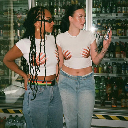 Hands Print White Crop Tee PinkLimes Trending Streetwear