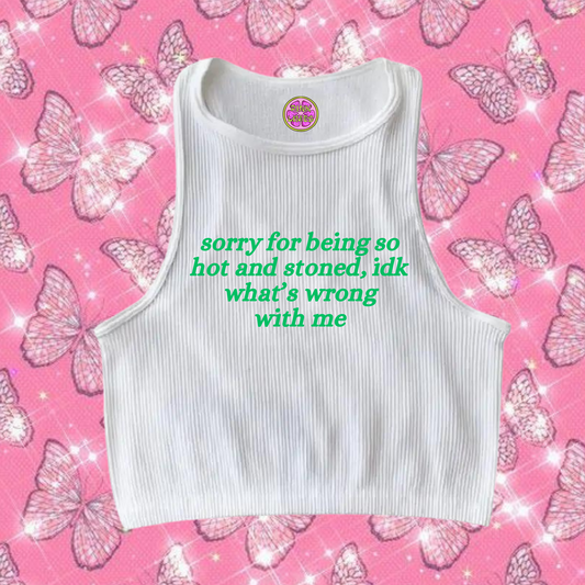 Sorry For Being So Stoned Crop Tank Top White Shirts & Tops PinkLimes Trending Streetwear