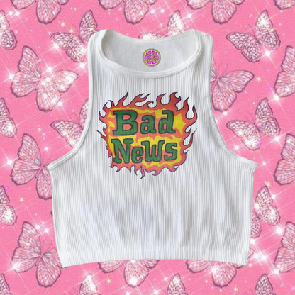 Bad News Crop Tank Top White Shirts & Tops PinkLimes Trending Streetwear