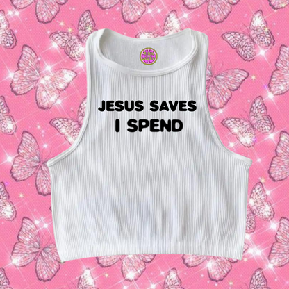 Jesus Saves I Spend Crop Tank Top White Shirts & Tops PinkLimes Trending Streetwear