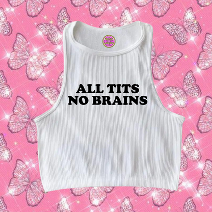 All Tits No Brains Crop Tank Top White Shirts & Tops PinkLimes Trending Streetwear