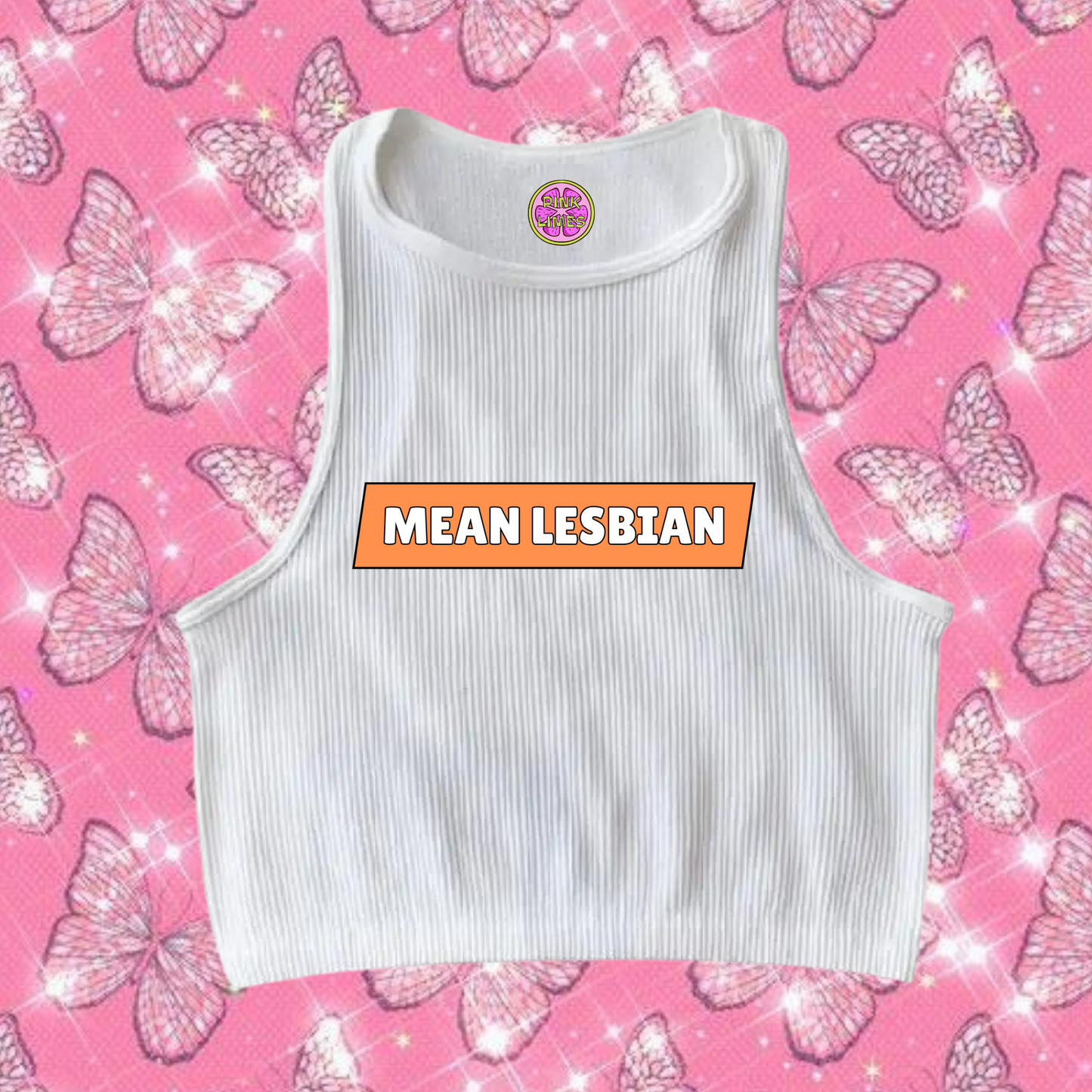 Mean Lesbian Crop Tank Top White Shirts & Tops PinkLimes Trending Streetwear