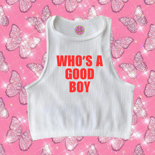 Who's A Good Boy Crop Tank Top White Shirts & Tops PinkLimes Trending Streetwear