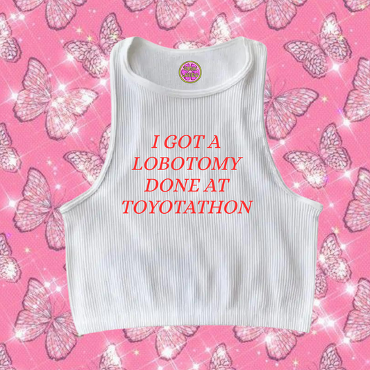 Lobotomy At Toyotathon Crop Tank Top White Shirts & Tops PinkLimes Trending Streetwear