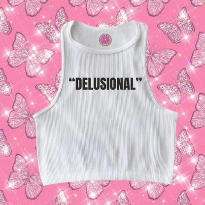 "Delusional" Crop Tank Top White Shirts & Tops PinkLimes Trending Streetwear