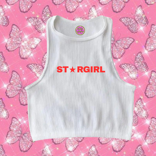 Star Girl Crop Tank Top White Shirts & Tops PinkLimes Trending Streetwear