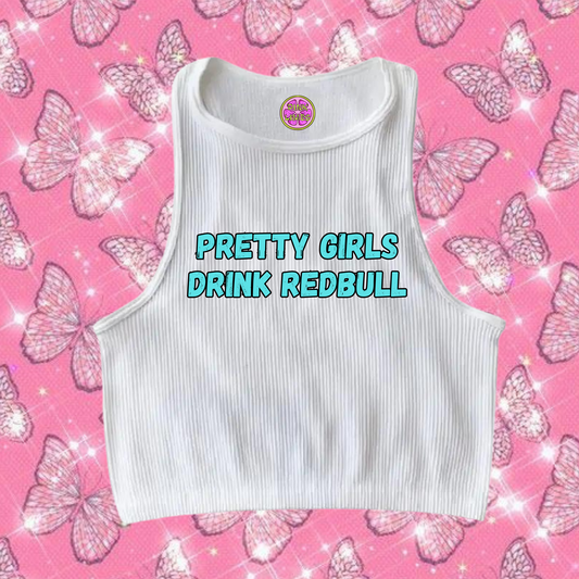 Pretty Girls Drink Redbull Crop Tank Top White Shirts & Tops PinkLimes Trending Streetwear
